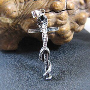 Solid 925 Sterling Silver Cobra Cross Pendant - Gothic Snake & Skull Jewelry